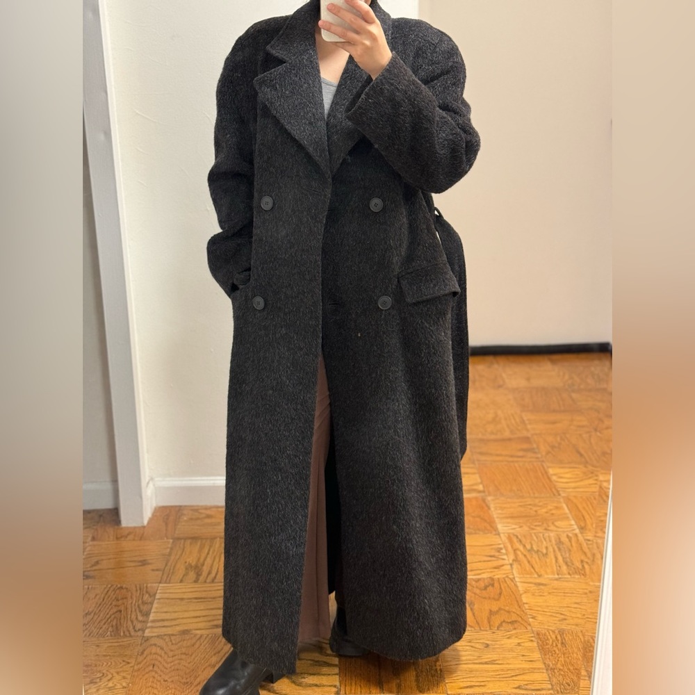 Harve Benard Wool Alpaca Mohair Belted Charcoal Maxi Coat
